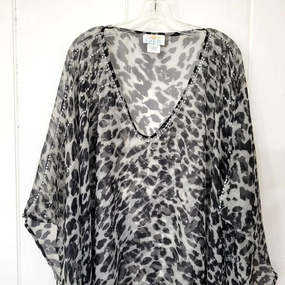 Sol & Mer Sheer Animal Print Caftan Poncho Swim Cover-Up - Picture 2 of 4